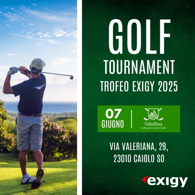 Giocatore di golf in swing con vista panoramica per promuovere il torneo di golf Exigy 2025 al Valtellina Golf and Country Club.