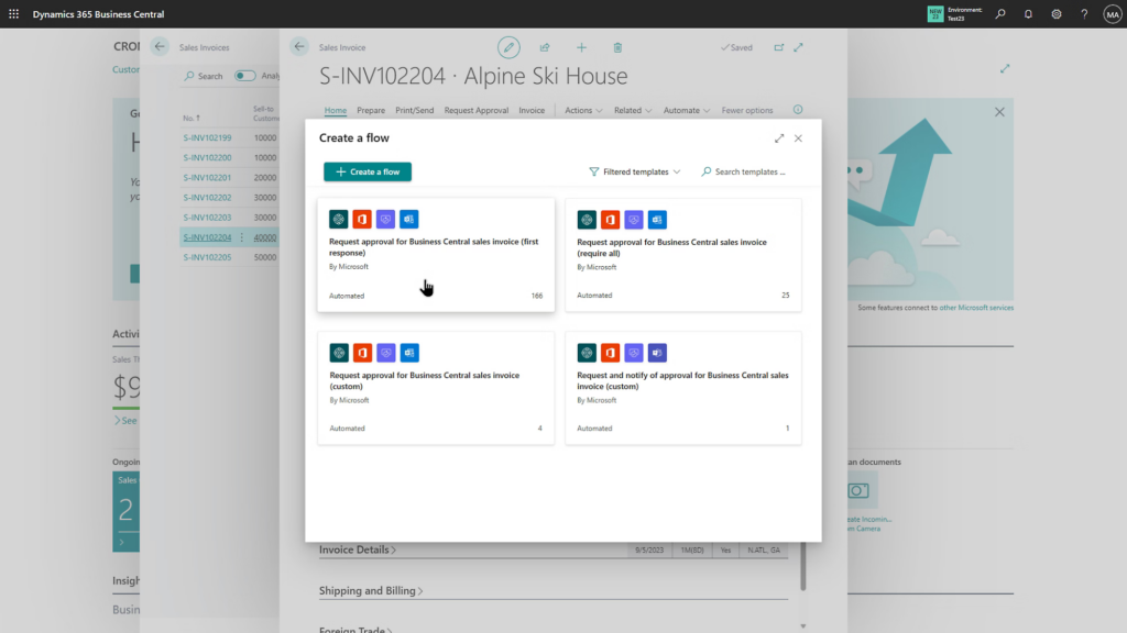 Microsoft Dynamics 365 Business Central interface showing a sales invoice with approval workflows created using Power Automate.