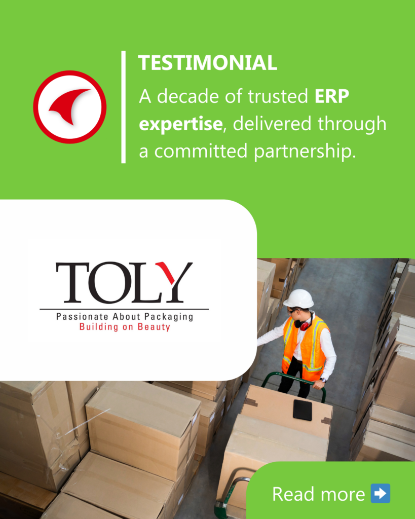 Toly warehouse environment with large packed boxes and an employee managing inventory; testimonial highlighting a decade-long ERP partnership with Exigy.
