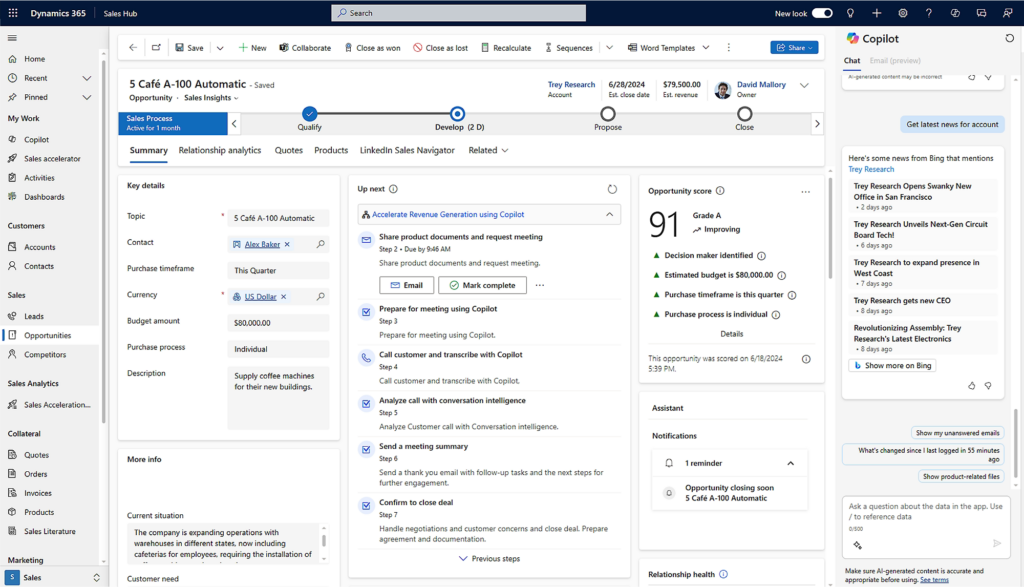 Microsoft Dynamics 365 Sales interface showing an opportunity record with Copilot insights, opportunity score, and guided next‑step recommendations.
