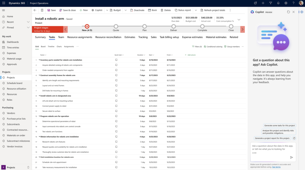Microsoft Dynamics 365 Project Operations interface displaying a project task list with timelines, dependencies, and Copilot assistance.
