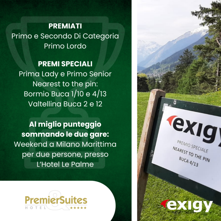 Tabellone del torneo di golf vicino a montagne panoramiche per il premio "Nearest to the Pin" di Exigy alla Buca 4/13.