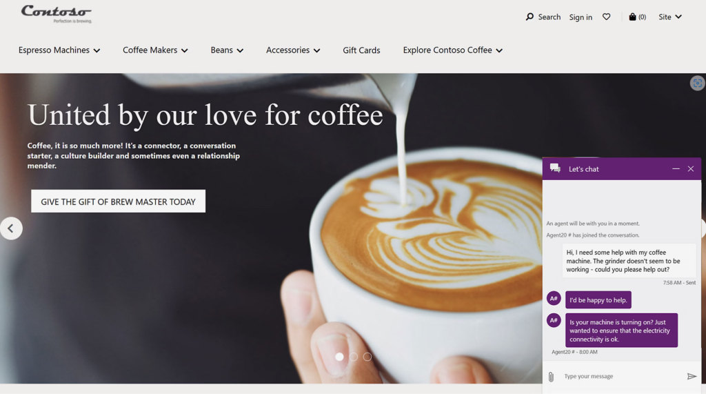E‑commerce homepage for Contoso Coffee featuring a latte with milk art and an integrated customer support chat window.
