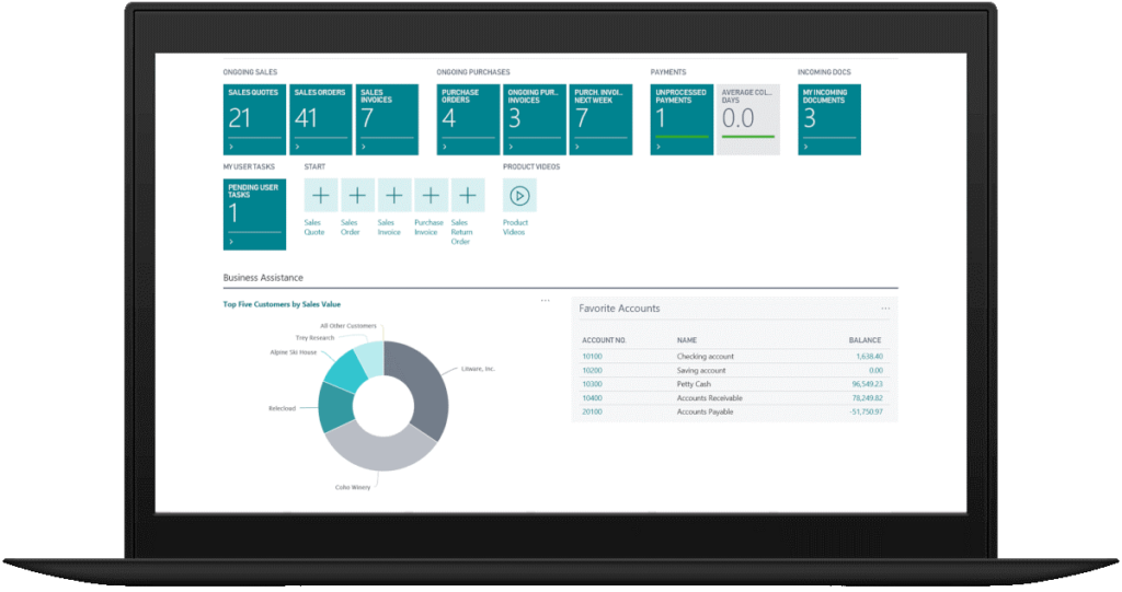 laptop che mostra business central, microsoft