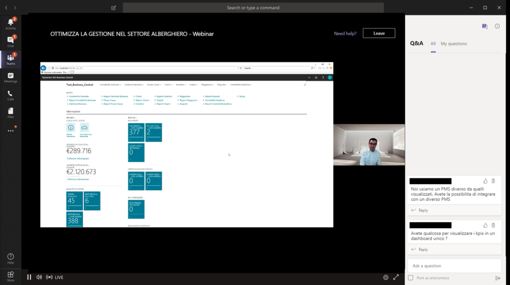 screenshot del webinar che mostra il business central