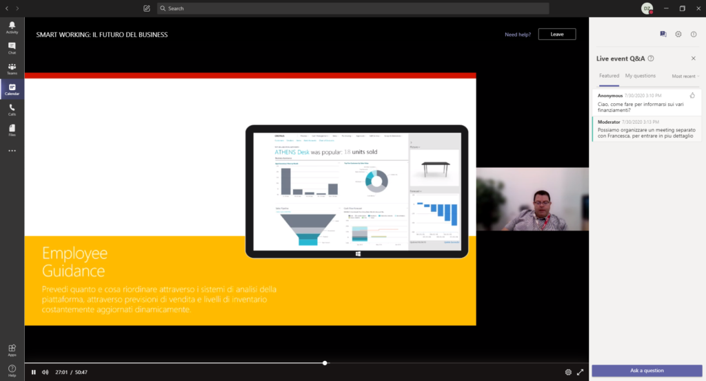 screenshot del webinar, ceo che discute la guida dei dipendenti