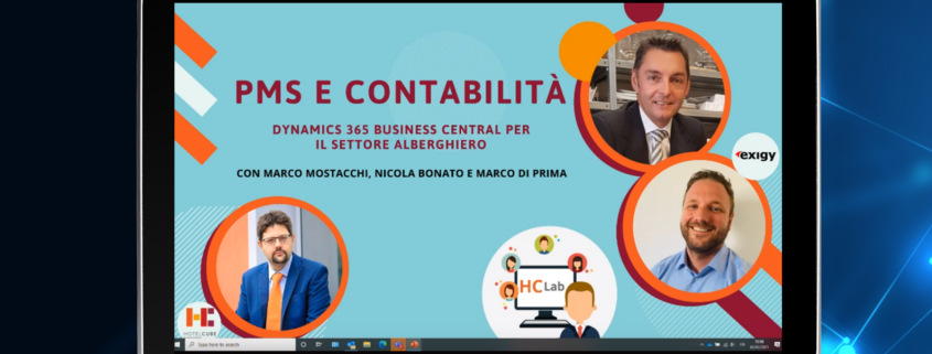 tablet che mostra business central e hotelcube webinar