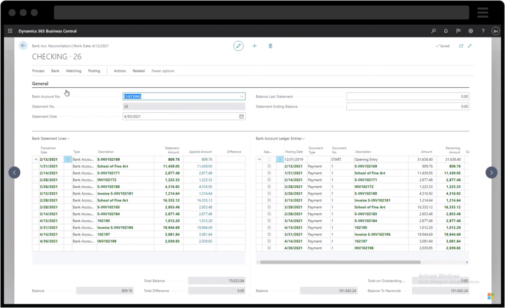 Screenshot of Dynamics 365 Business Central Bank Reconciliation