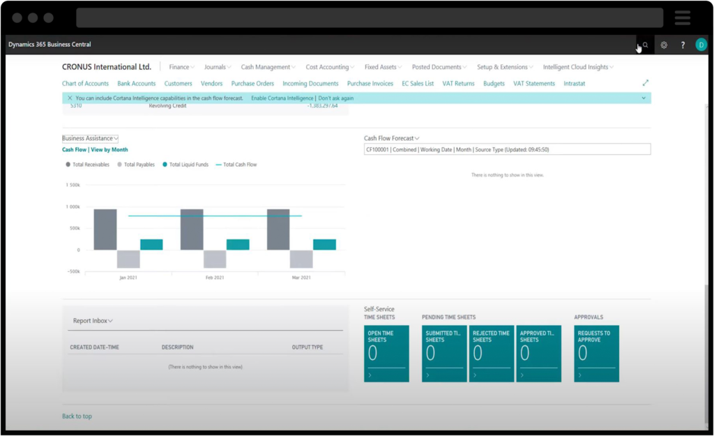 Screenshot of Dynamics 365 Business Central Cash Flow Forecasting