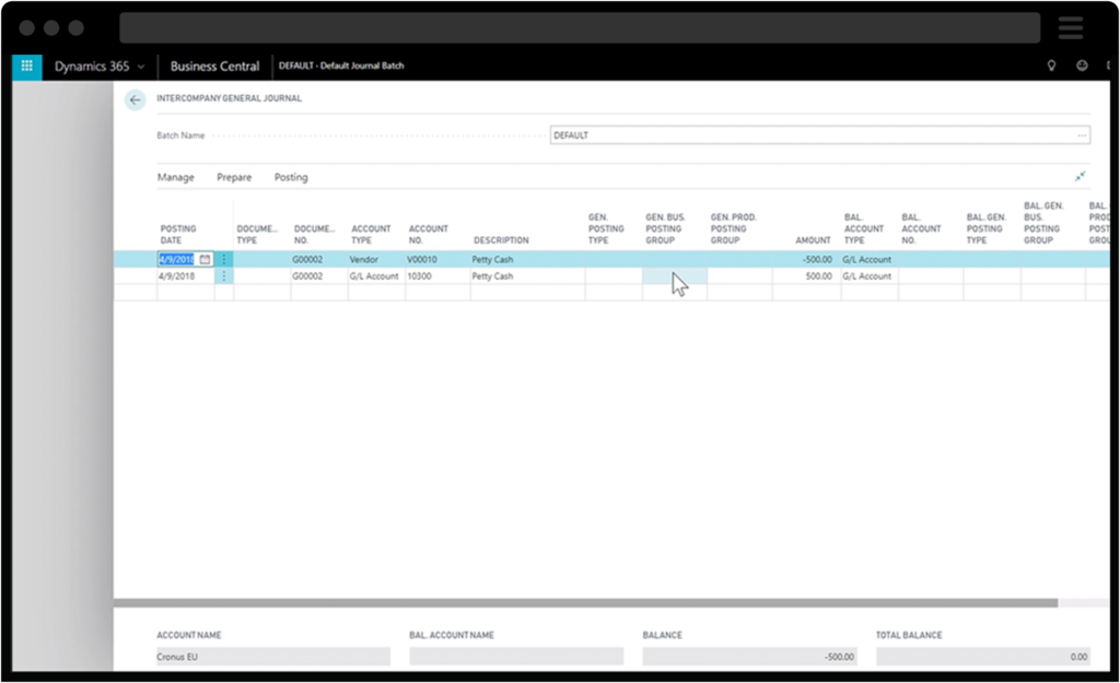 Screenshot of Dynamics 365 Business Central intercompany postings