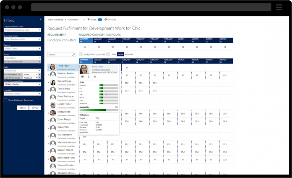Screenshots of Dynamics 365 for Project Service Resource Alignment