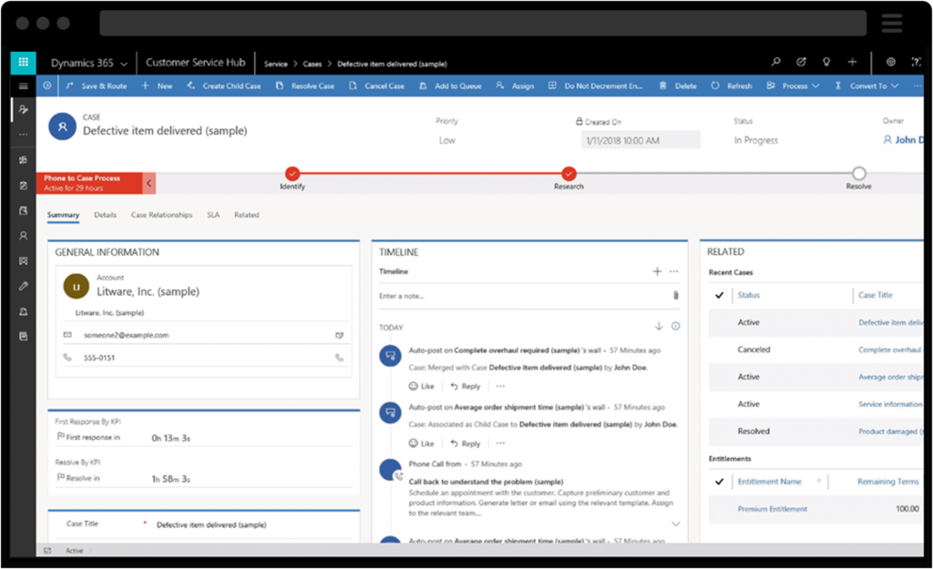 Screenshot of Dynamics 365 Customer Service SLAs