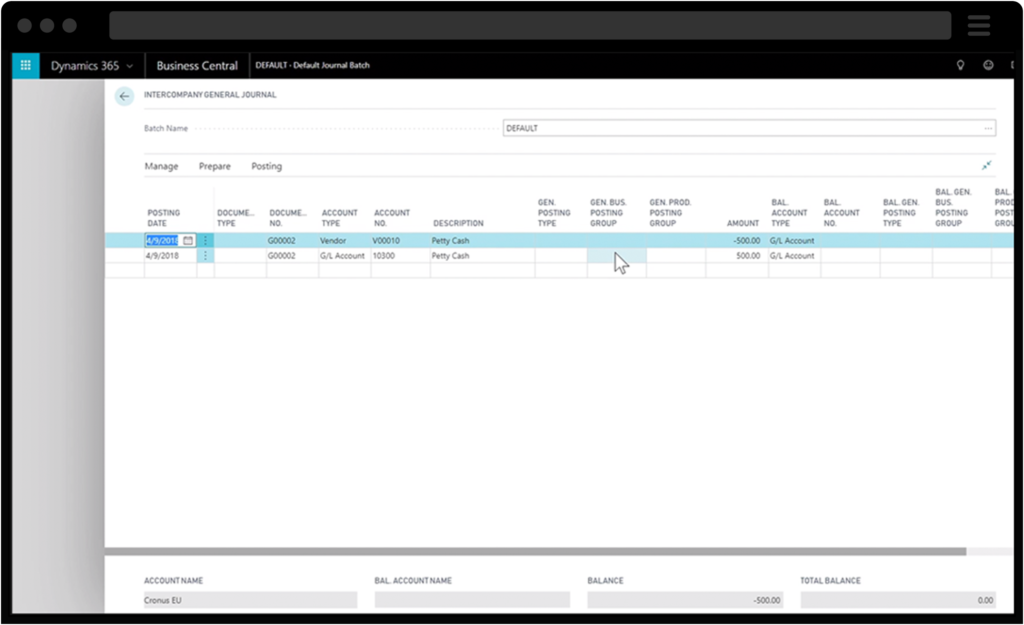 Screenshot of Dynamics 365 Business Central intercompany postings