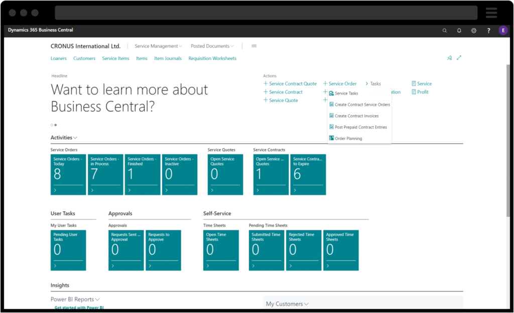 Screenshot of Dynamics 365 Business Central Dashboard