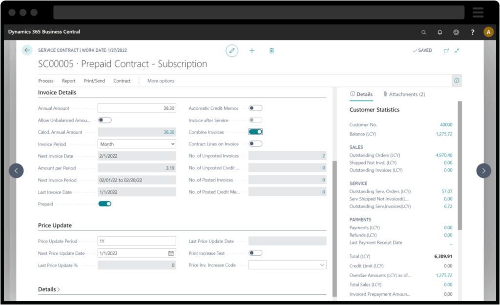 Screenshot of Dynamics 365 Business Central Service Contract