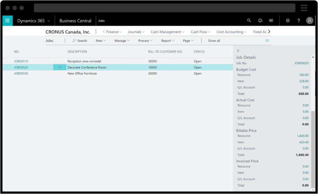 Screenshot of Dynamics 365 Business Central Project Management