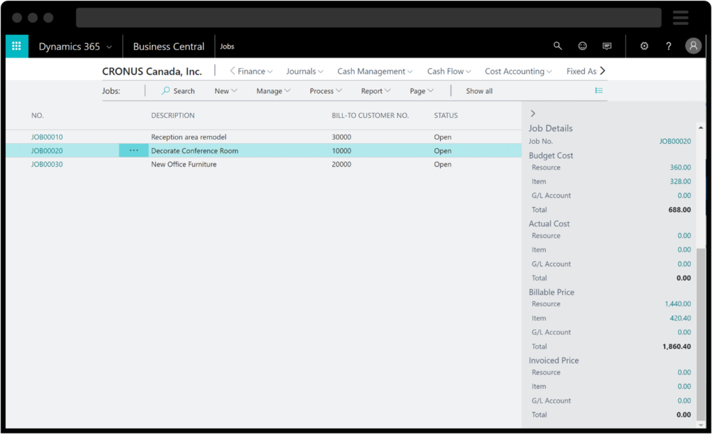 Screenshot di Dynamics 365 Business Central Project Management