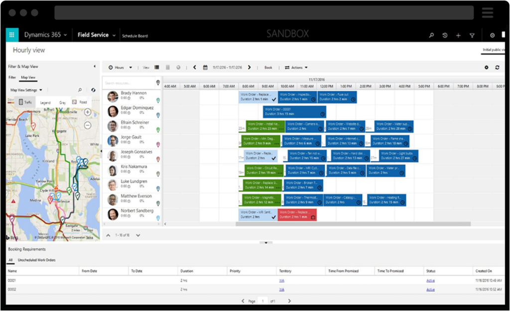 Screenshot of Dynamics 365 Field Service schedule board