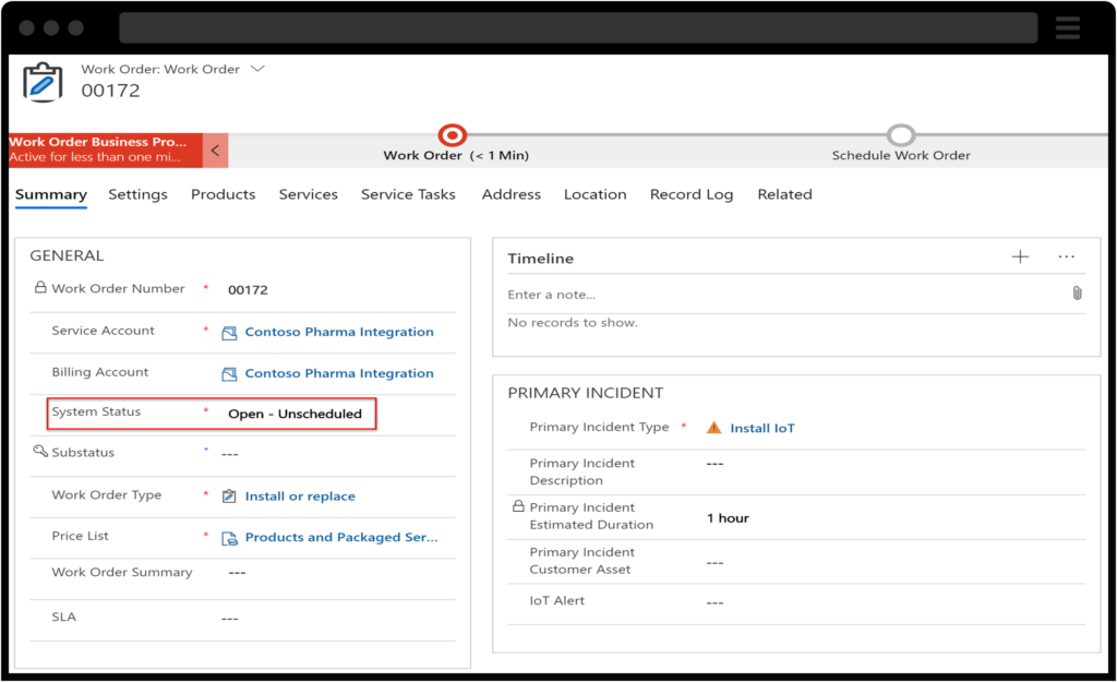 Screenshot of work order in microsoft dynamics 365 field service