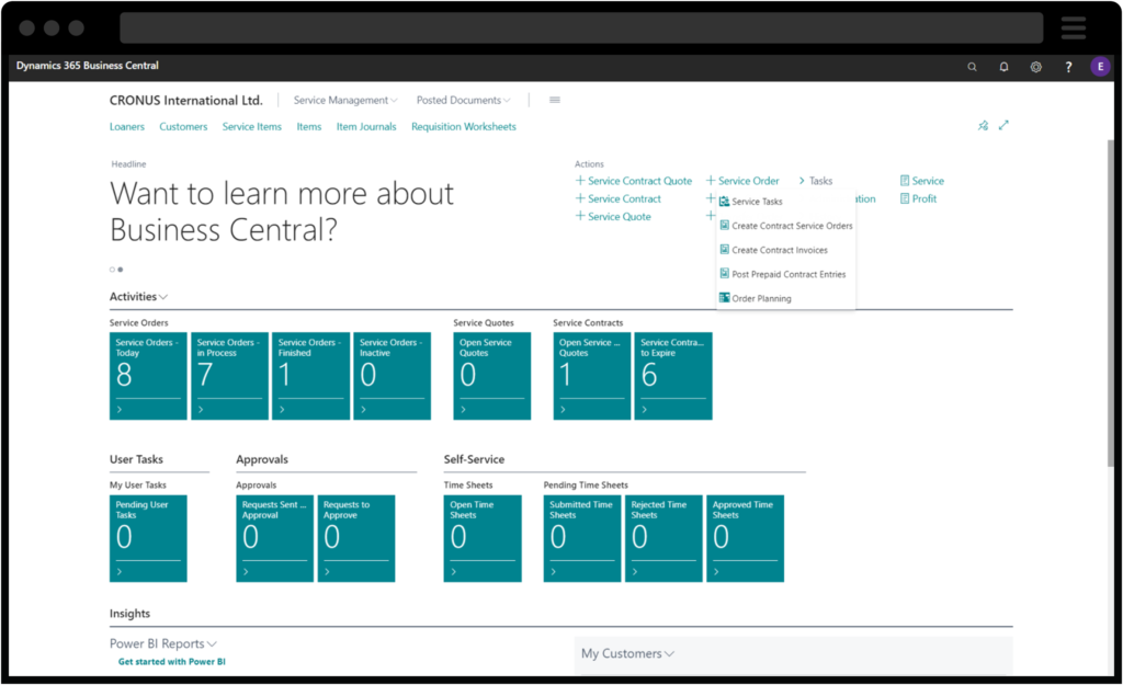Screenshot of Microsoft Dynamics 365 business central customer relations management