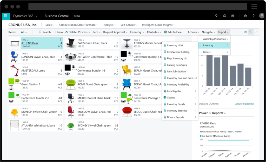 Screenshot of Business Central inventory management