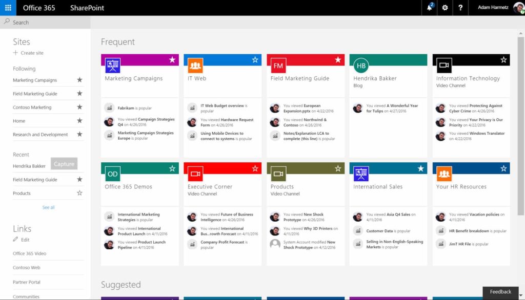 Screenshot of Sharepoint collaboration feature