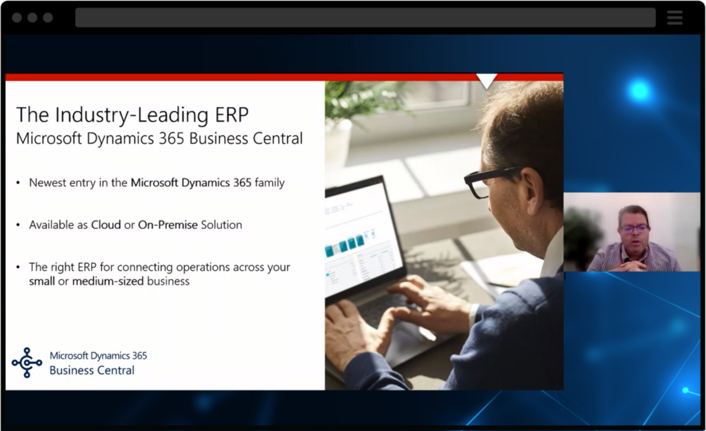 screenshot of webinar with ceo discussing functionalities of microsoft dynamics 365