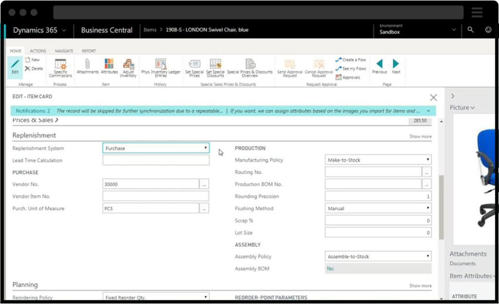 screenshot of business central inventory item management feature