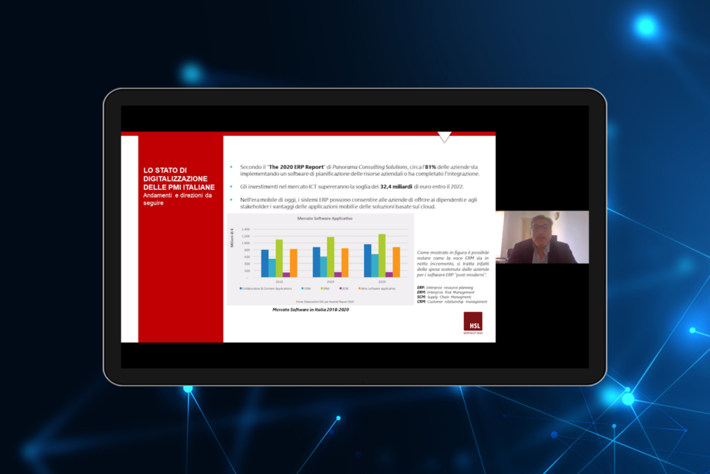 Tablet showing Maurizio Costanzo during HSL Webinar