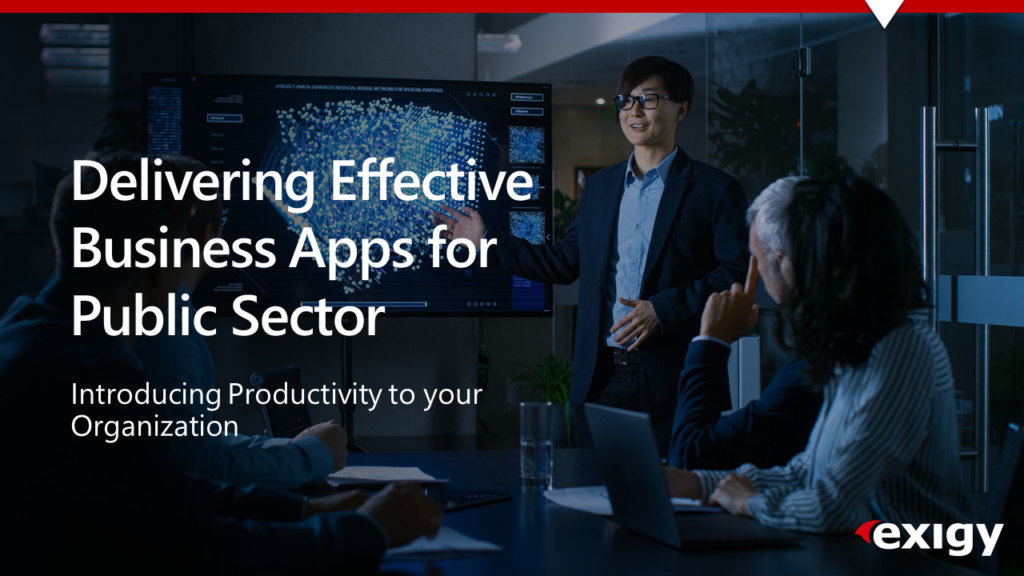 Dark office, employee presenting Microsoft Dynamics for public sector