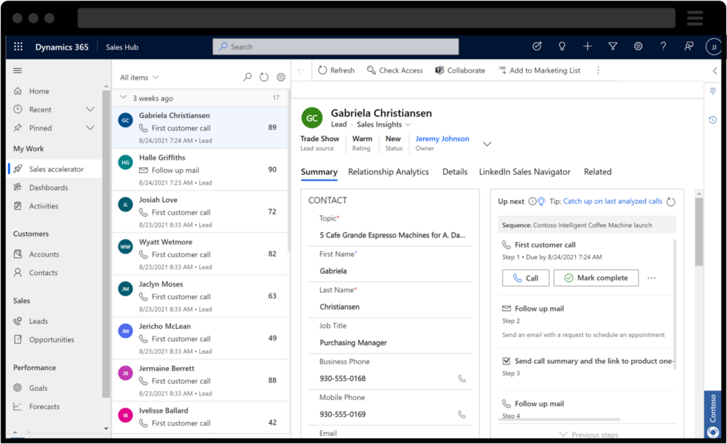 Schermata dell'integrazione di Dynamics 365 Sales con Microsoft Outlook