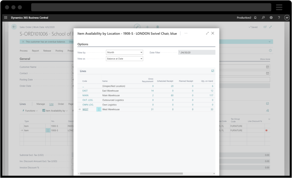 Screenshot of Supply Chain Management achieved through Microsoft Dynamics 365 Business Central