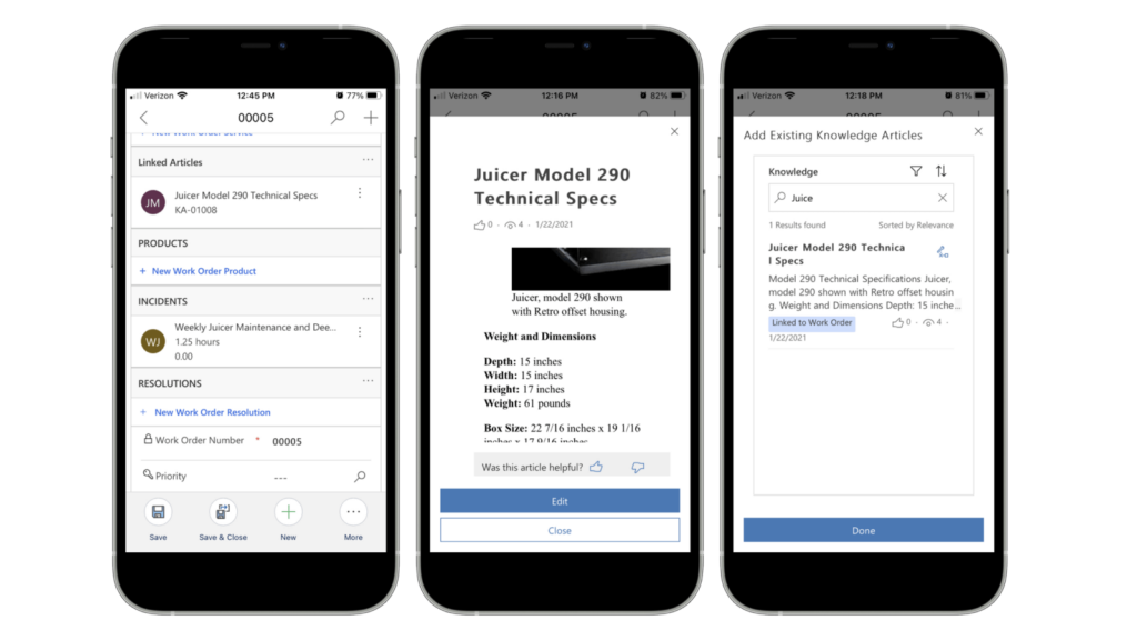 Three smartphones showcasing the portability of Microsoft Dynamics 365 Field Service