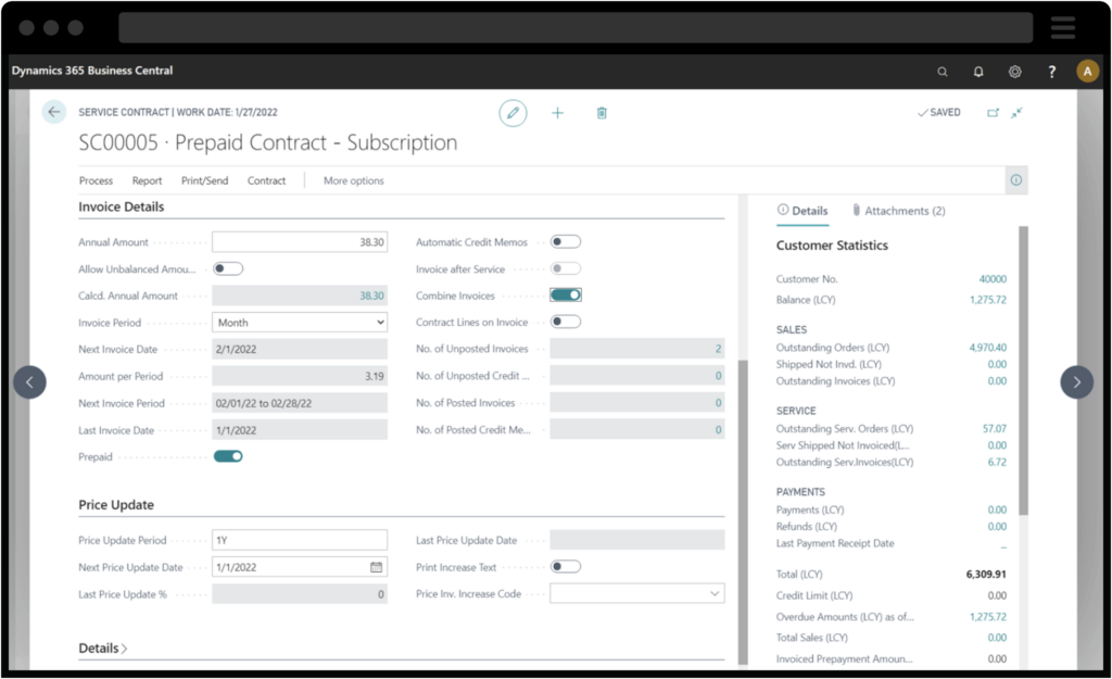 Screenshot of a Service Contract being edited using Microsoft Dynamics 365 Business Central