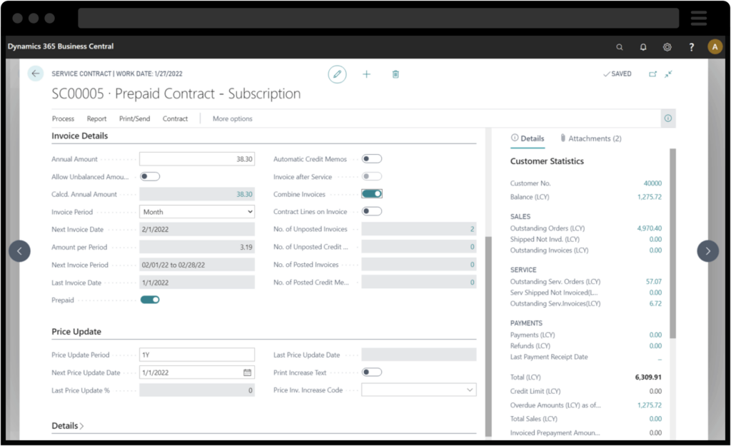 Schermata di un contratto di servizio in fase di modifica con Microsoft Dynamics 365 Business Central