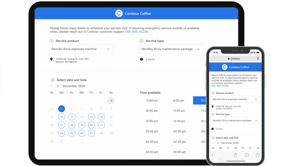 Multiple devices showcasing integration capability for self-service scheduling on Dynamics Business Central