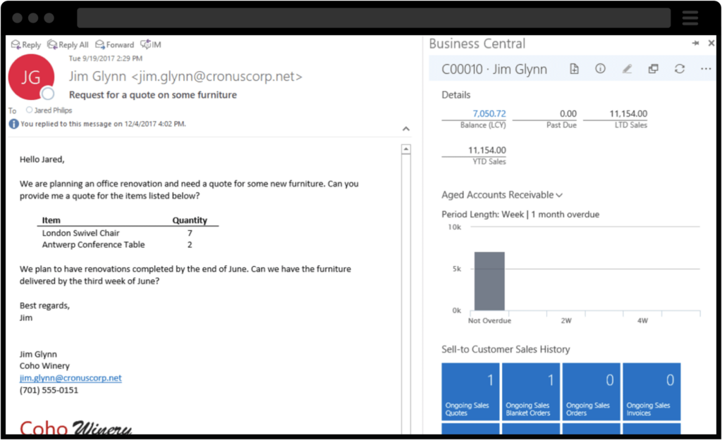 Screenshot of Microsoft Outlook integration with Microsoft Dynamics 365 Business Central