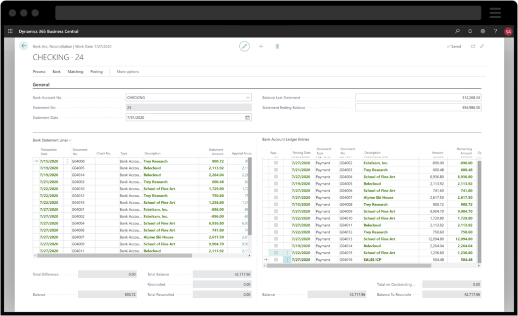 Schermate di Riconciliazione del conto bancario su Microsoft Dynamics 365 Business Central