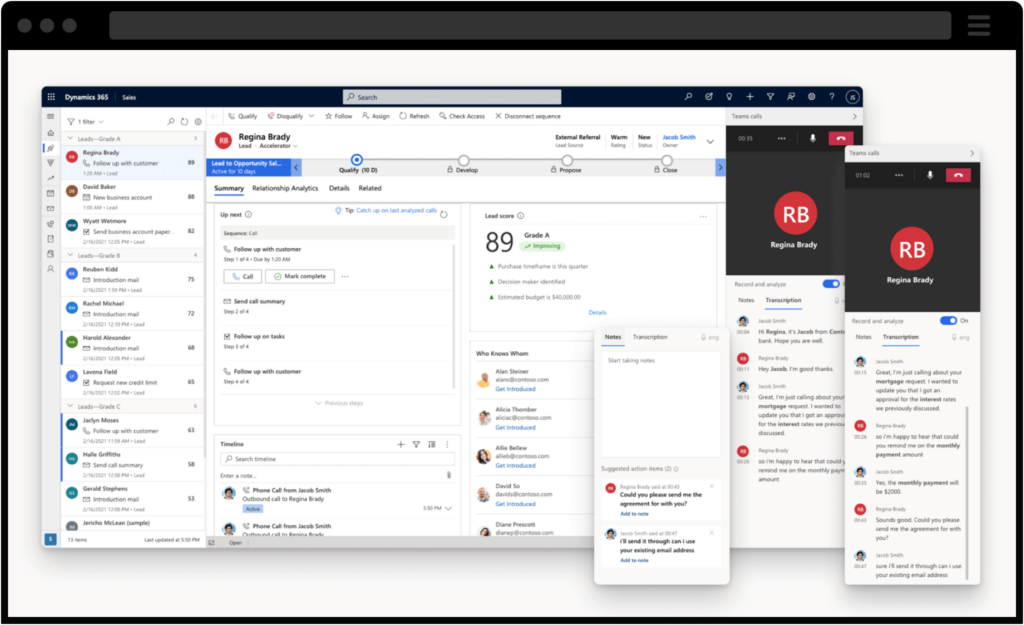 Multiple screenshots of Dynamics 365 Sales integration with Microsoft Teams