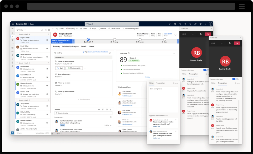 Numerose schermate dell'integrazione di Dynamics 365 Sales con Microsoft Teams