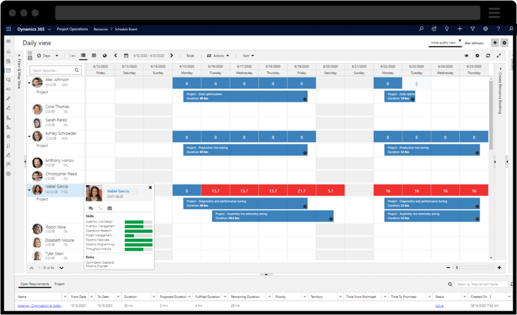 Screenshot of Daily view for project reports on Dynamics 365