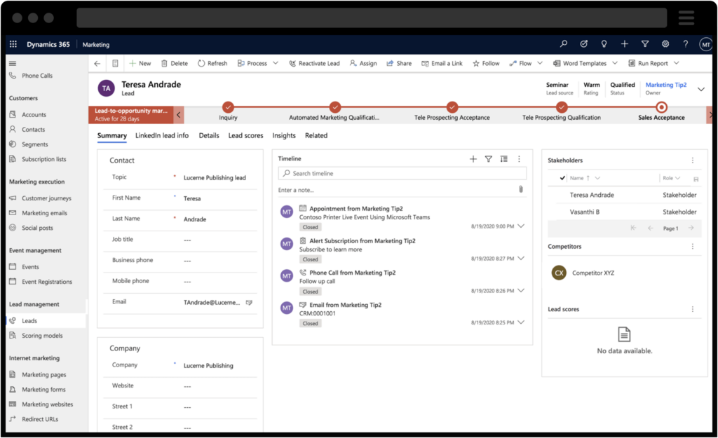 Screenshot of Dynamics 365 Marketing showing lead progression management