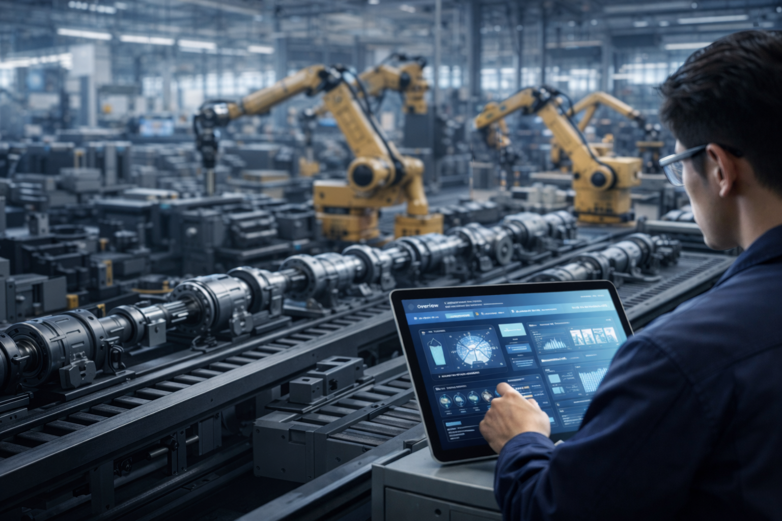Factory worker using a tablet to monitor AI-driven production lines with robotic arms in the background.