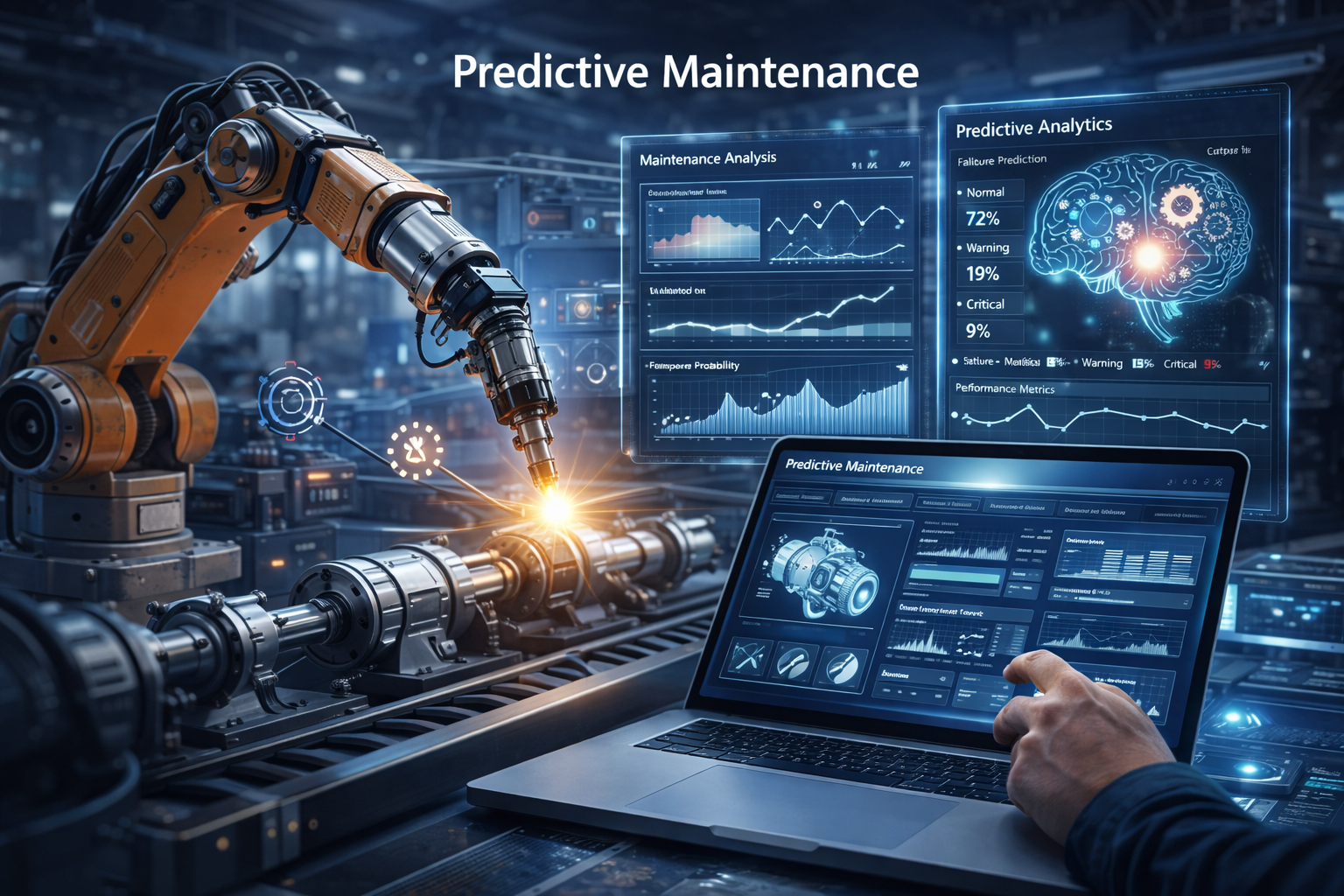 Robotic arm inspecting industrial machinery while predictive analytics dashboards display performance and failure data.