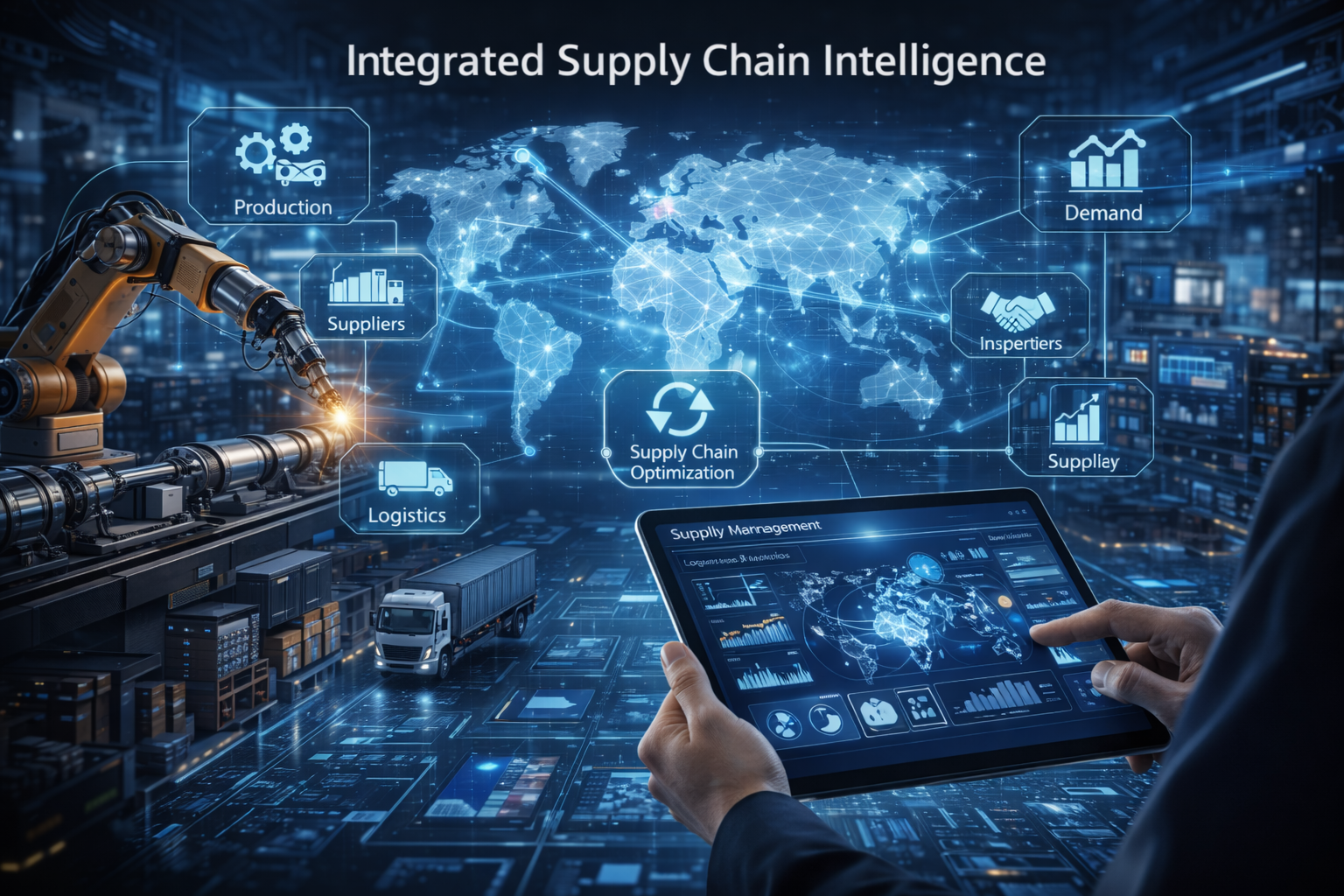 Digital dashboard showing a global supply chain network connecting production, suppliers, logistics, and demand.