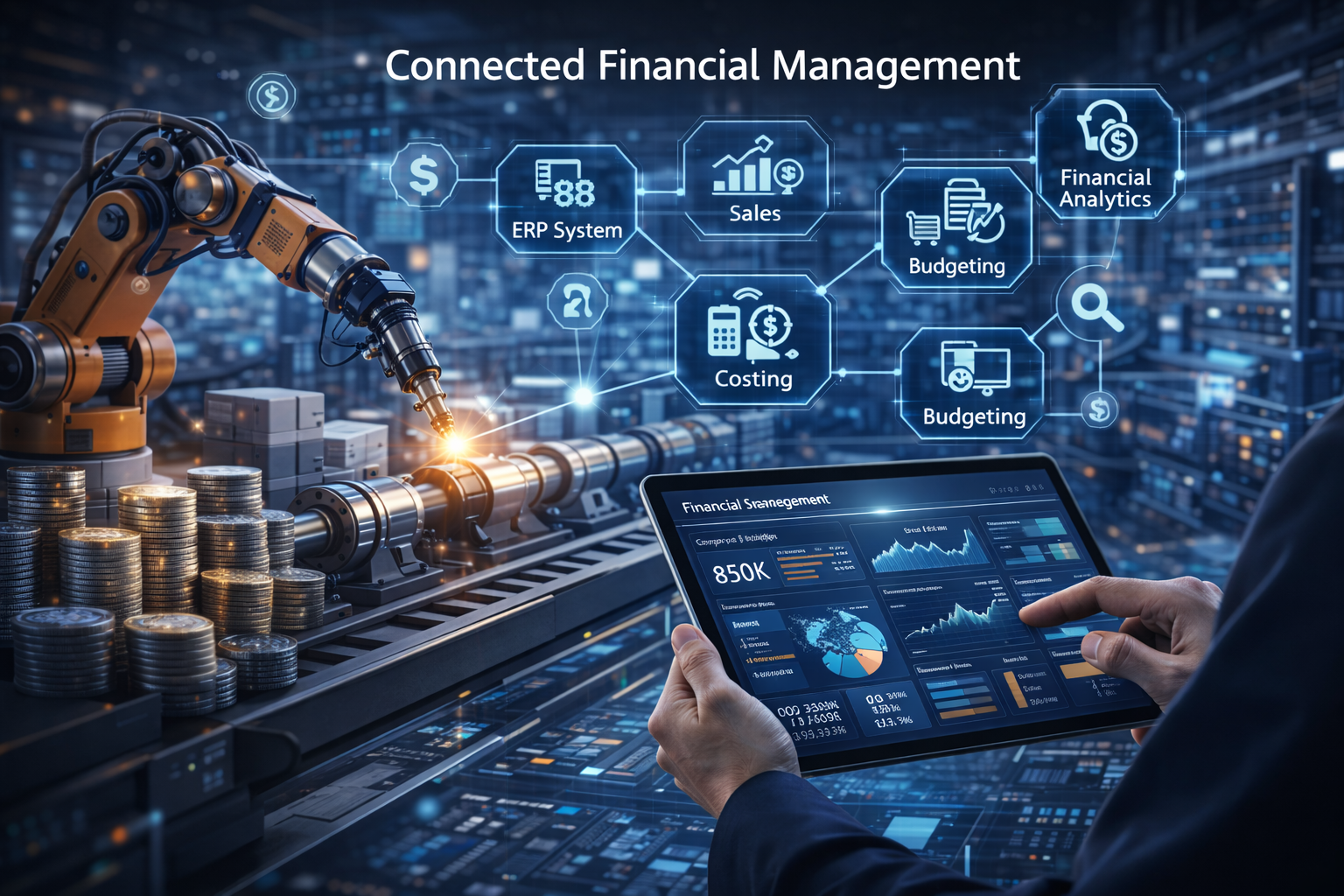 Financial dashboard connected to robotic manufacturing line showing ERP, costing, sales, and analytics integration.