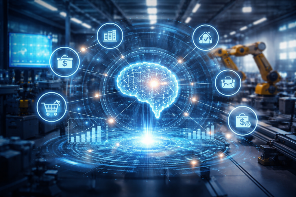Futuristic digital illustration of an AI core visualised as a glowing neural network in the center of a smart factory, connected to holographic business icons representing finance, inventory, supply chain, and operations.