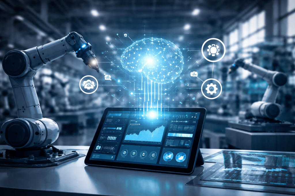 AI-powered manufacturing environment with robotic arms and digital dashboard interface in a modern factory.