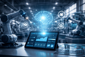 AI-powered manufacturing environment with robotic arms and digital dashboard interface in a modern factory.