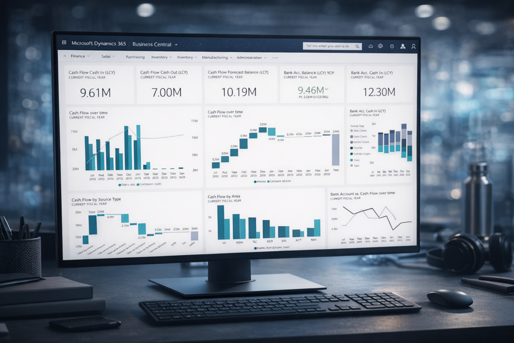 Microsoft Dynamics 365 Business Central dashboard displayed on a desktop monitor showing cash flow forecasts, financial KPIs, and trend analysis charts in a modern office setting.